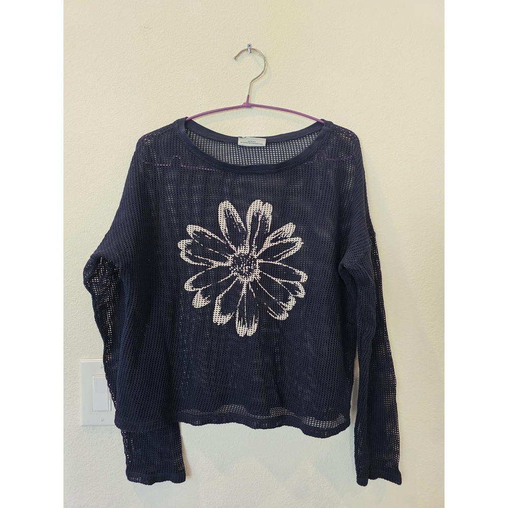 Spirit Activewear NavyBlue Mesh Top Womens Sz M Bold Flower Cotton Boho Festival